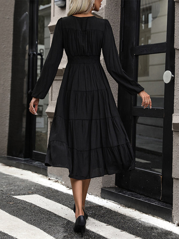 Women's new temperament V-neck black long-sleeved dress kakaclo
