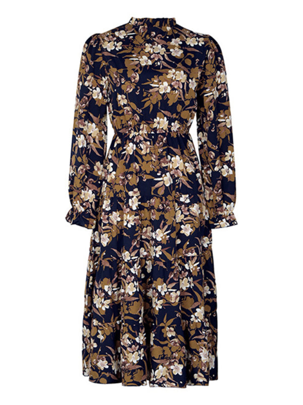 Women's new V-neck waist long-sleeved printed dress kakaclo