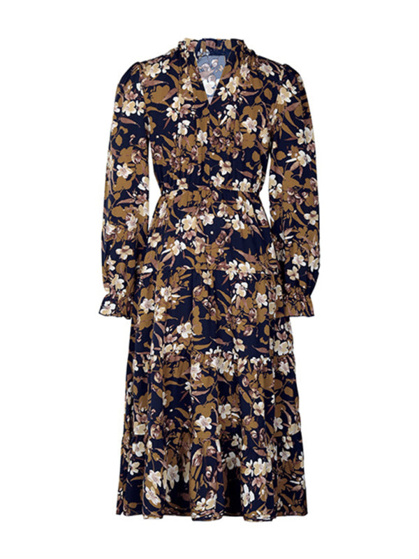 Women's new V-neck waist long-sleeved printed dress kakaclo