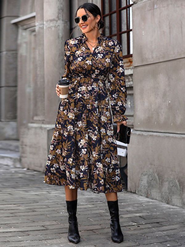 Women's new V-neck waist long-sleeved printed dress kakaclo
