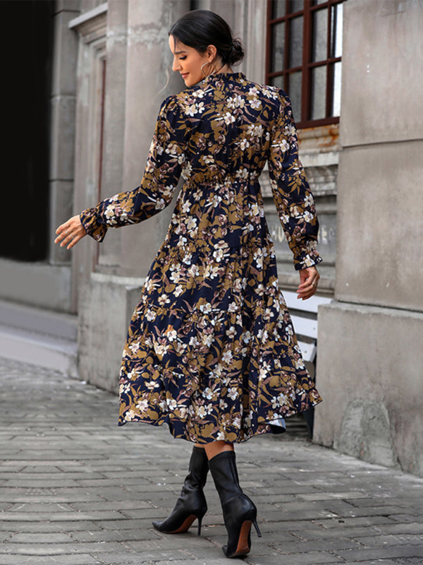 Women's new V-neck waist long-sleeved printed dress kakaclo