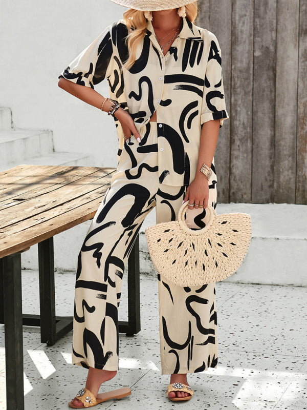 Blue Zone Planet | printed lapel short-sleeved shirt and trousers vacation suit BLUE ZONE PLANET