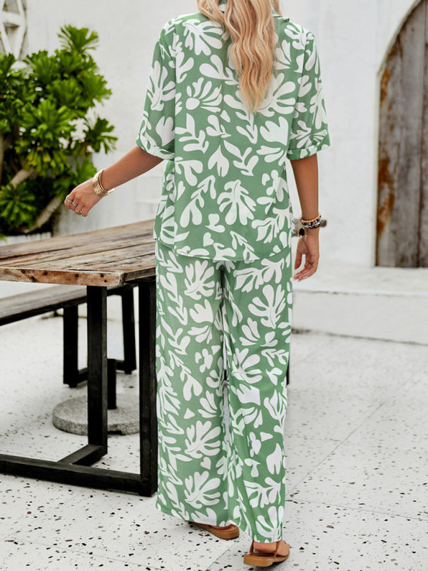 Blue Zone Planet | printed lapel short-sleeved shirt and trousers vacation suit BLUE ZONE PLANET