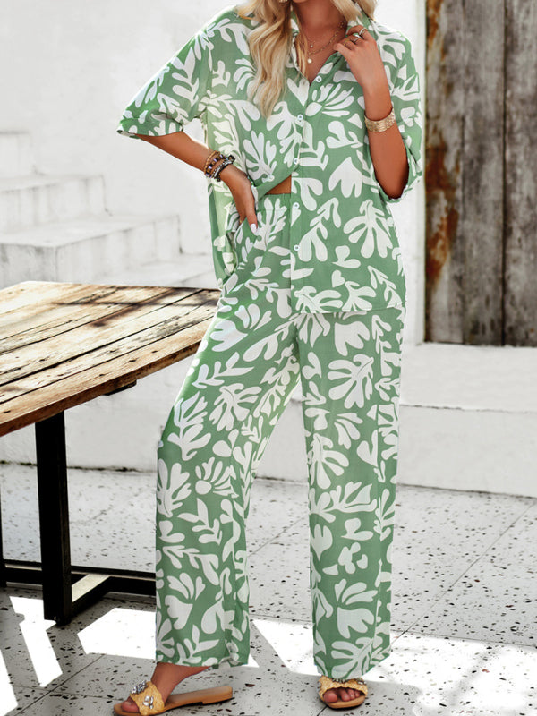 Blue Zone Planet | printed lapel short-sleeved shirt and trousers vacation suit BLUE ZONE PLANET