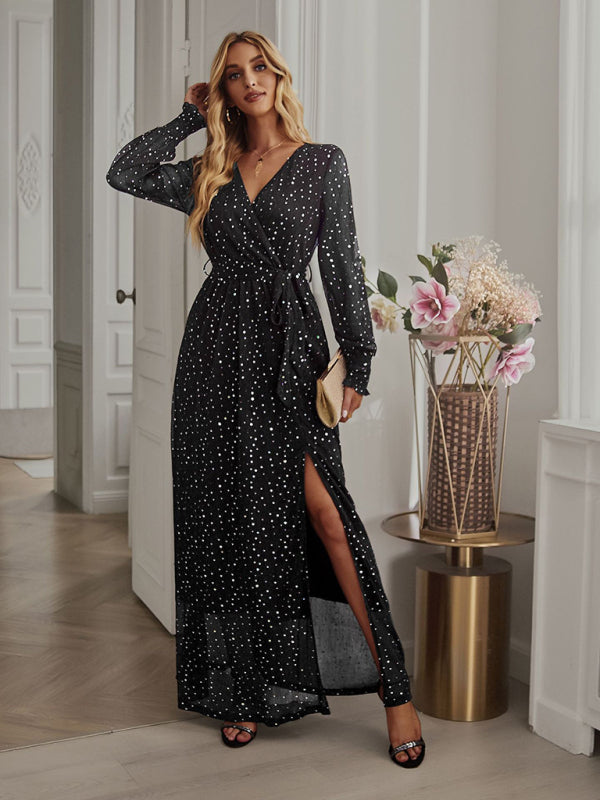 Women's Elegant V Neck Long Sleeve Waist Midi Dress kakaclo