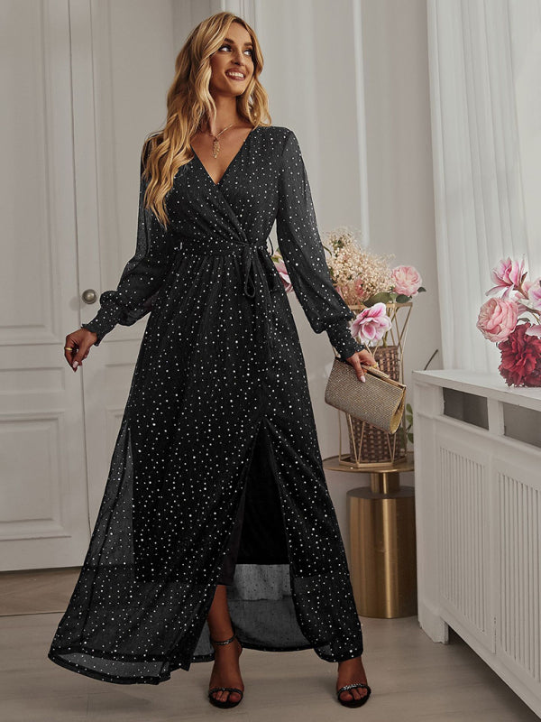 Women's Elegant V Neck Long Sleeve Waist Midi Dress kakaclo