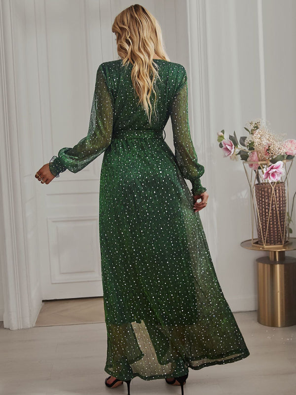 Women's Elegant V Neck Long Sleeve Waist Midi Dress kakaclo