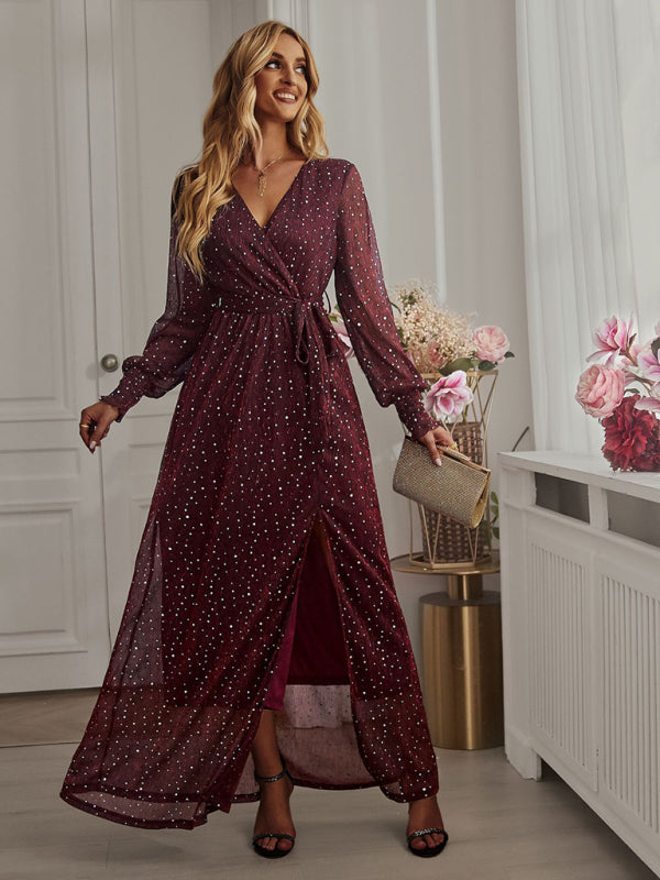 Women's Elegant V Neck Long Sleeve Waist Midi Dress kakaclo