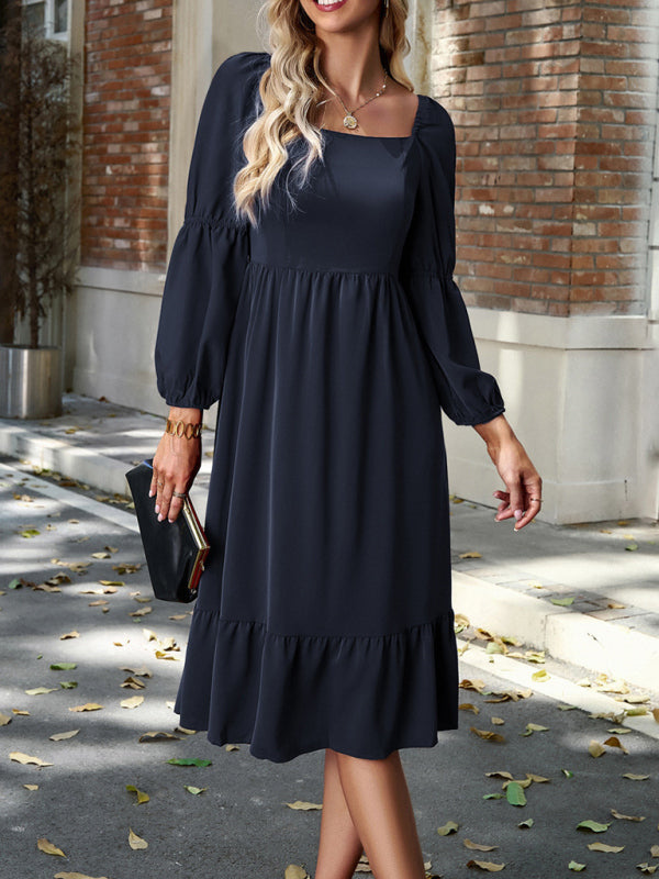 Elegant Solid Color Square Neck Long Sleeve Dress kakaclo
