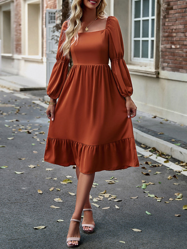 Elegant Solid Color Square Neck Long Sleeve Dress kakaclo