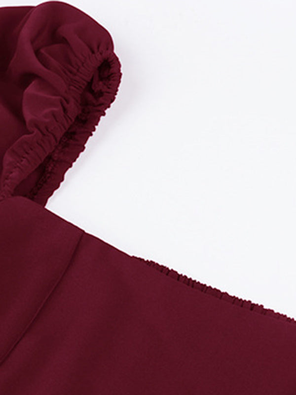 Elegant Solid Color Square Neck Long Sleeve Dress kakaclo