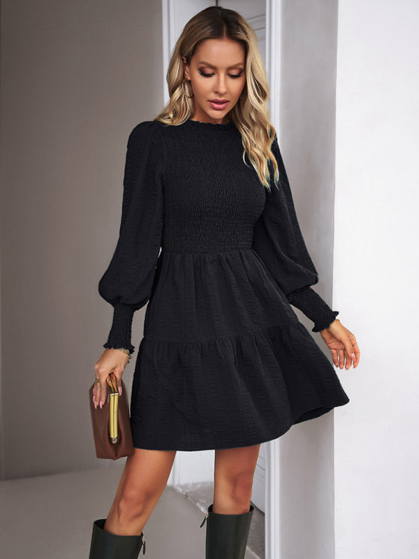 Grace's Solid Color Pleated Long-Sleeve Mini Dress BLUE ZONE PLANET
