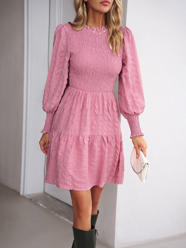 Grace's Solid Color Pleated Long-Sleeve Mini Dress BLUE ZONE PLANET