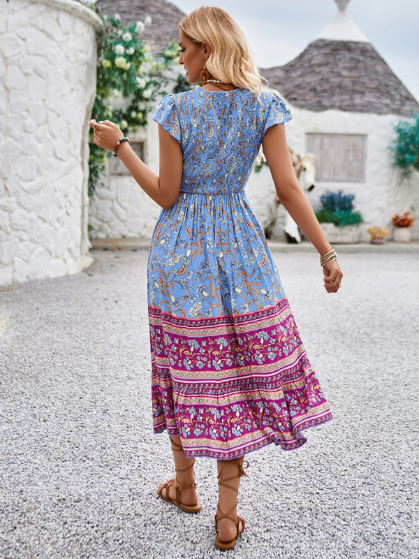 Blue Zone Planet | Printed V-neck flying sleeve bohemian dress kakaclo