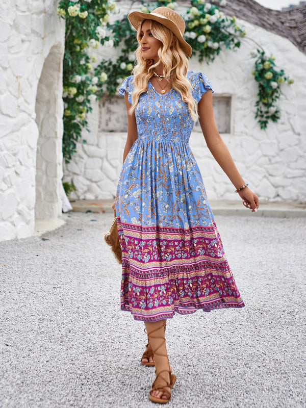 Blue Zone Planet | Printed V-neck flying sleeve bohemian dress kakaclo