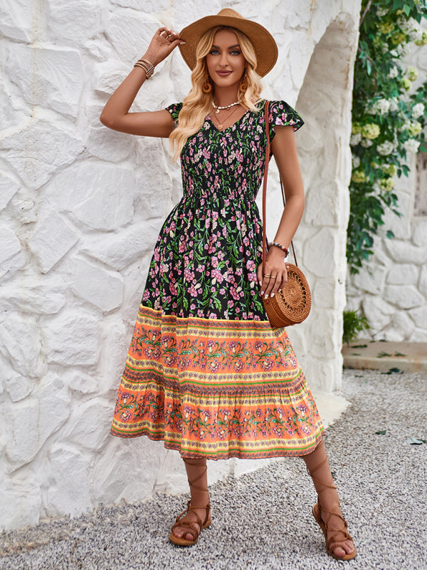 Blue Zone Planet | Printed V-neck flying sleeve bohemian dress kakaclo