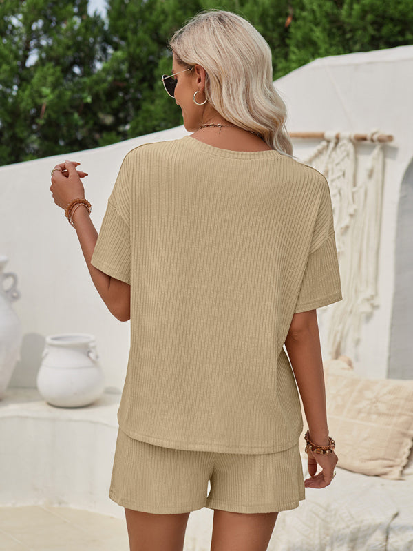 Blue Zone Planet | Loose round neck solid color short sleeve top and shorts suit kakaclo