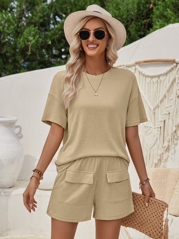 Blue Zone Planet | Loose round neck solid color short sleeve top and shorts suit kakaclo