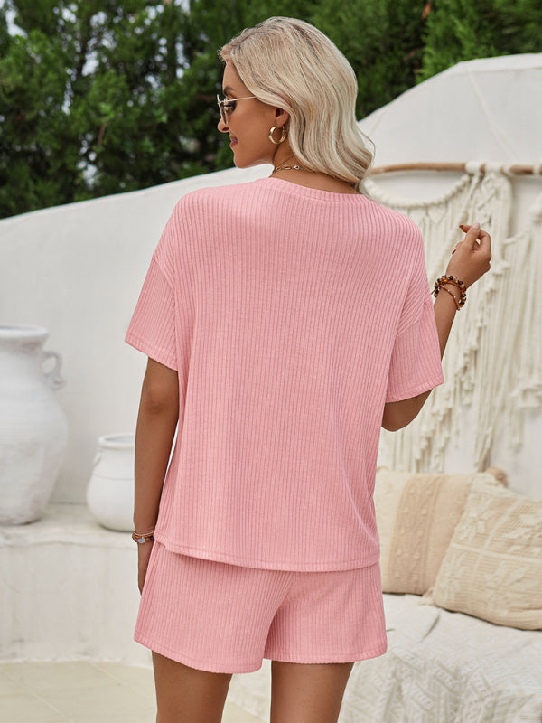 Blue Zone Planet | Loose round neck solid color short sleeve top and shorts suit kakaclo