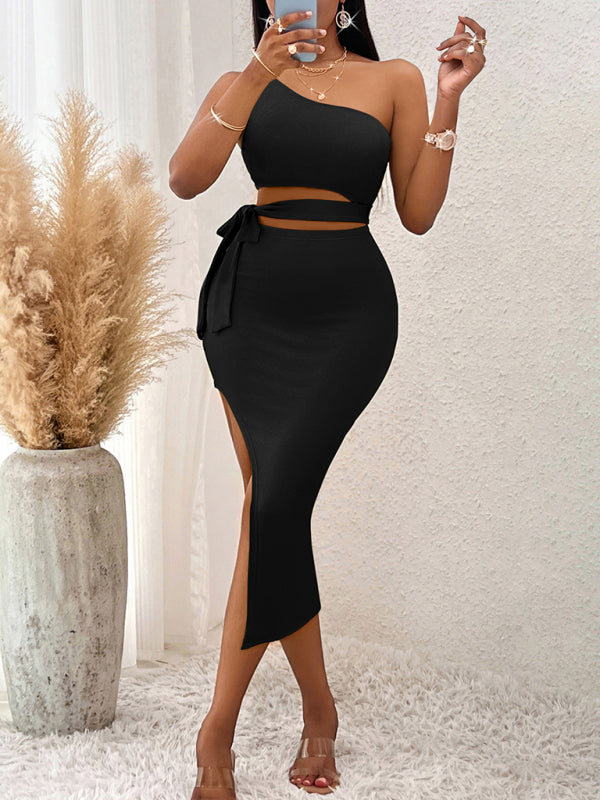 Casual solid color slope neck tied waist knitted hip bodycon midi dress kakaclo