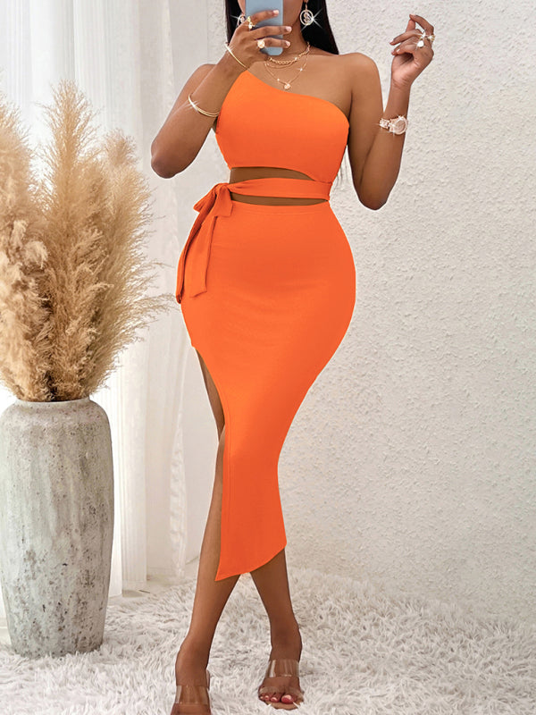 Casual solid color slope neck tied waist knitted hip bodycon midi dress kakaclo