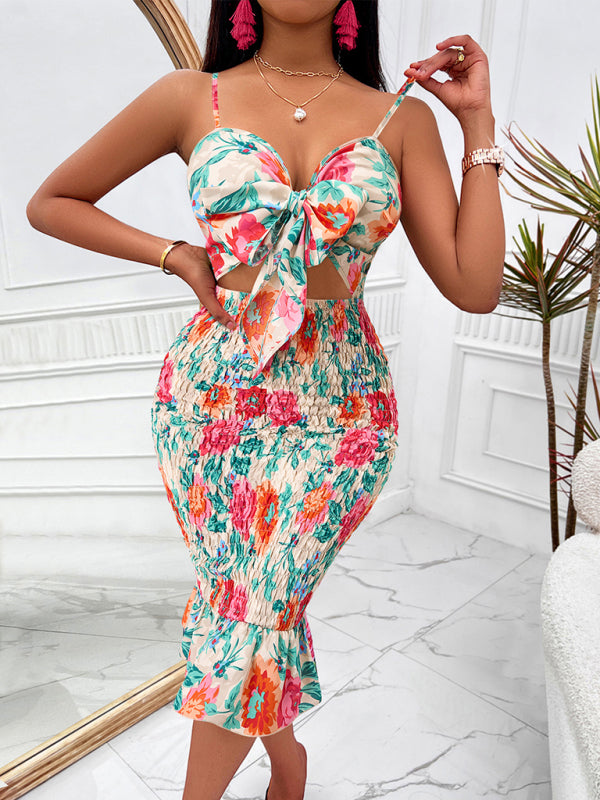 Printed hip-hugging hollow cutout spaghetti strap bodycon midi dress kakaclo