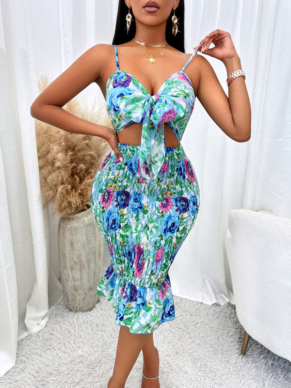 Printed hip-hugging hollow cutout spaghetti strap bodycon midi dress kakaclo