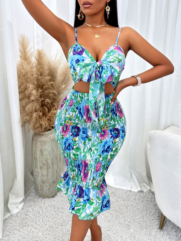 Printed hip-hugging hollow cutout spaghetti strap bodycon midi dress kakaclo