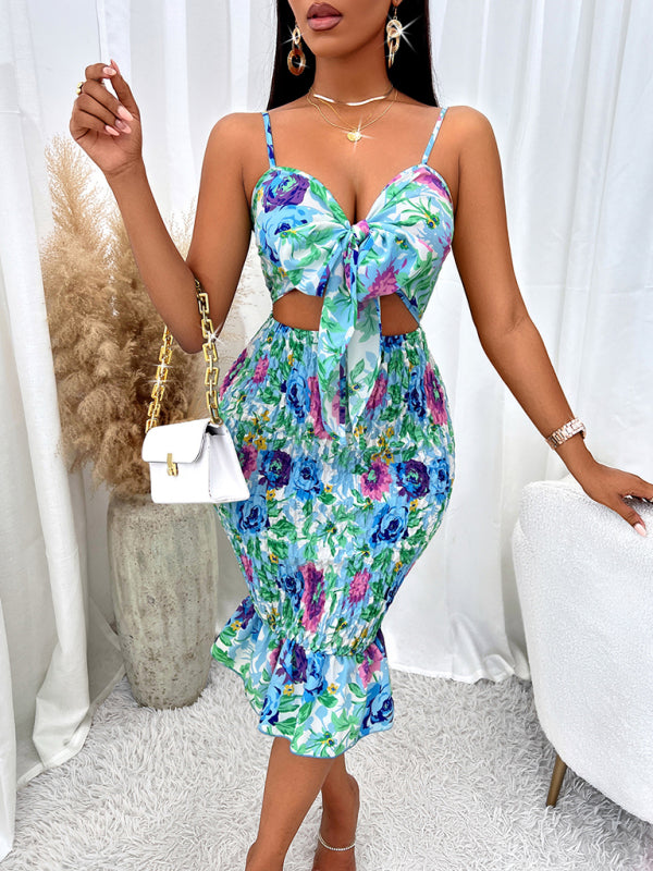 Printed hip-hugging hollow cutout spaghetti strap bodycon midi dress kakaclo
