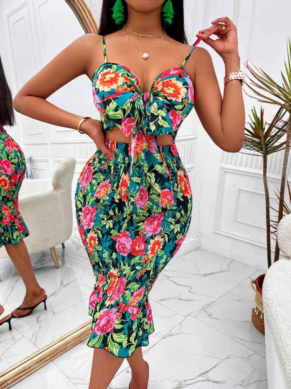 Printed hip-hugging hollow cutout spaghetti strap bodycon midi dress kakaclo
