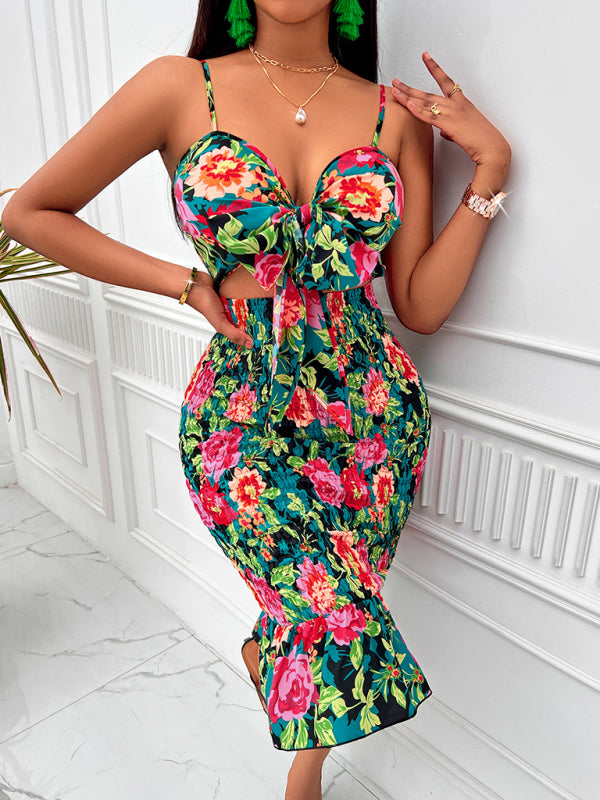 Printed hip-hugging hollow cutout spaghetti strap bodycon midi dress kakaclo