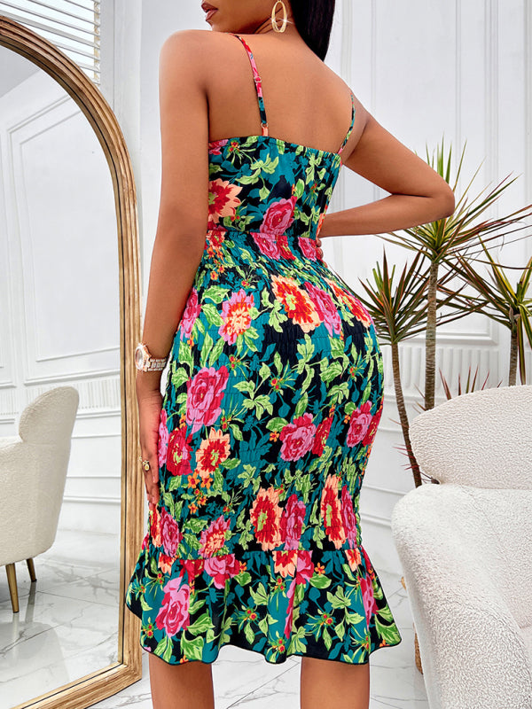 Printed hip-hugging hollow cutout spaghetti strap bodycon midi dress kakaclo