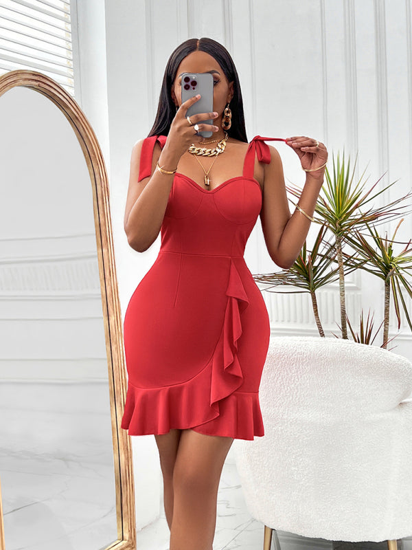 V-neck sleeveless solid color bodycon mini dress kakaclo