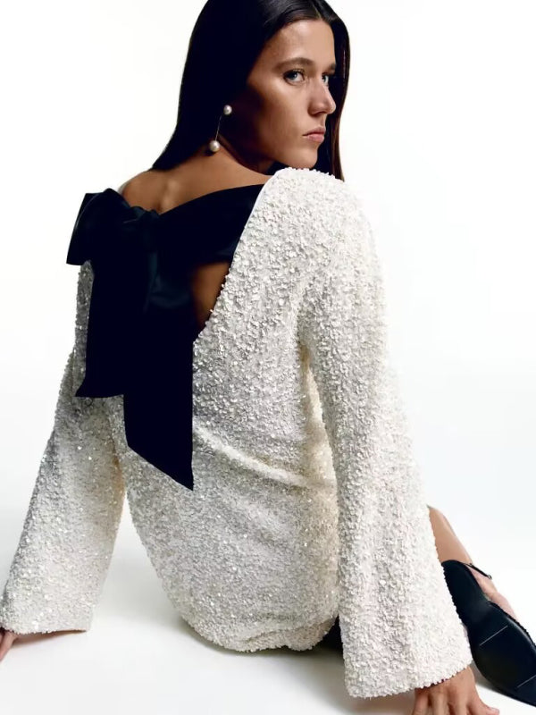 Round neck long sleeve loose sequin dress BLUE ZONE PLANET