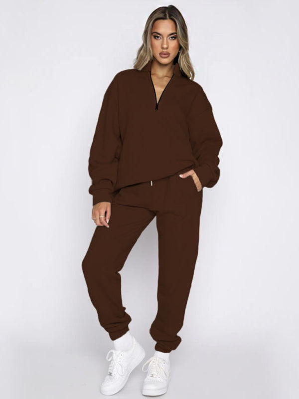 Blue Zone Planet | Women's new solid color stand-up collar zipper pullover long-sleeved sweatshirt and trousers suit kakaclo