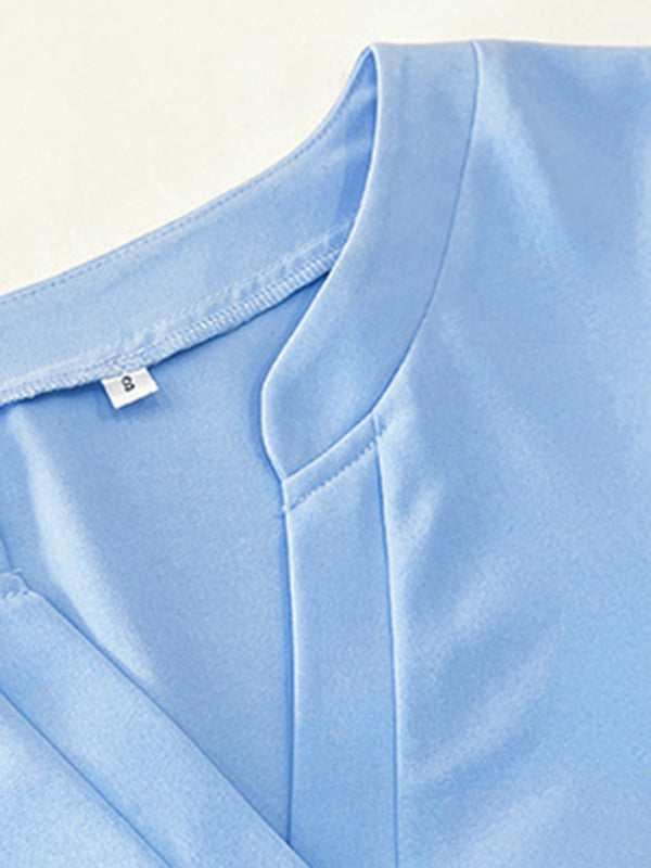 solid color V-neck short-sleeved top BLUE ZONE PLANET