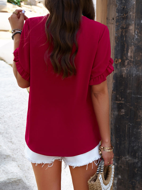 solid color V-neck short-sleeved top BLUE ZONE PLANET