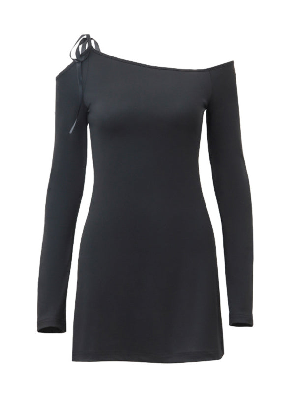 slanted shoulder lace-up elegant long-sleeved dress kakaclo