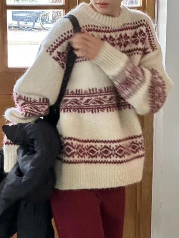 Blue Zone Planet |  New loose thickened Christmas retro ethnic style round neck pullover sweater kakaclo