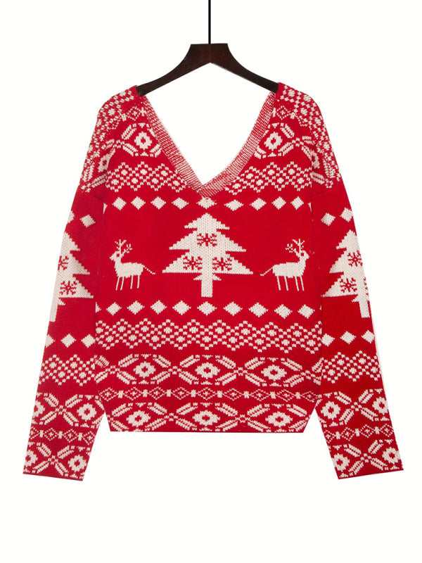 Blue Zone Planet | New V-neck irregular backless off-shoulder Christmas snowflake pattern long-sleeved women's sweater kakaclo
