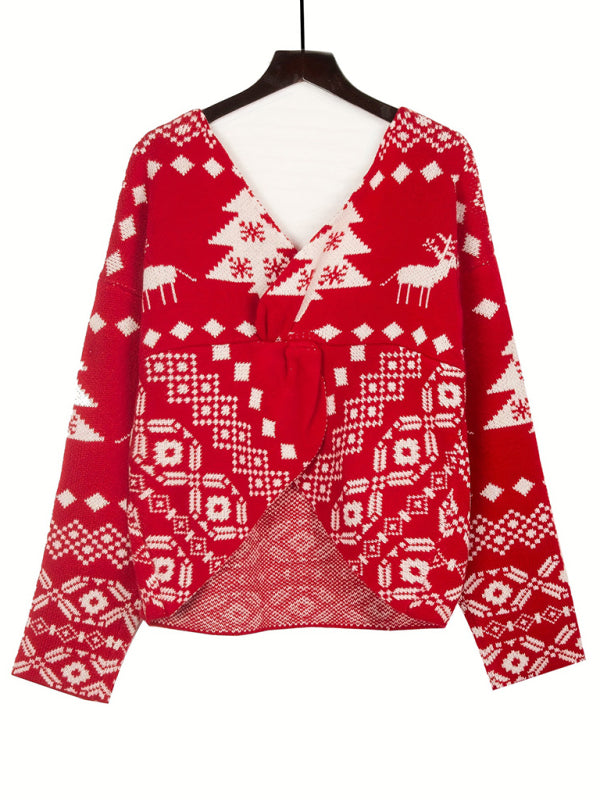 Blue Zone Planet | New V-neck irregular backless off-shoulder Christmas snowflake pattern long-sleeved women's sweater kakaclo