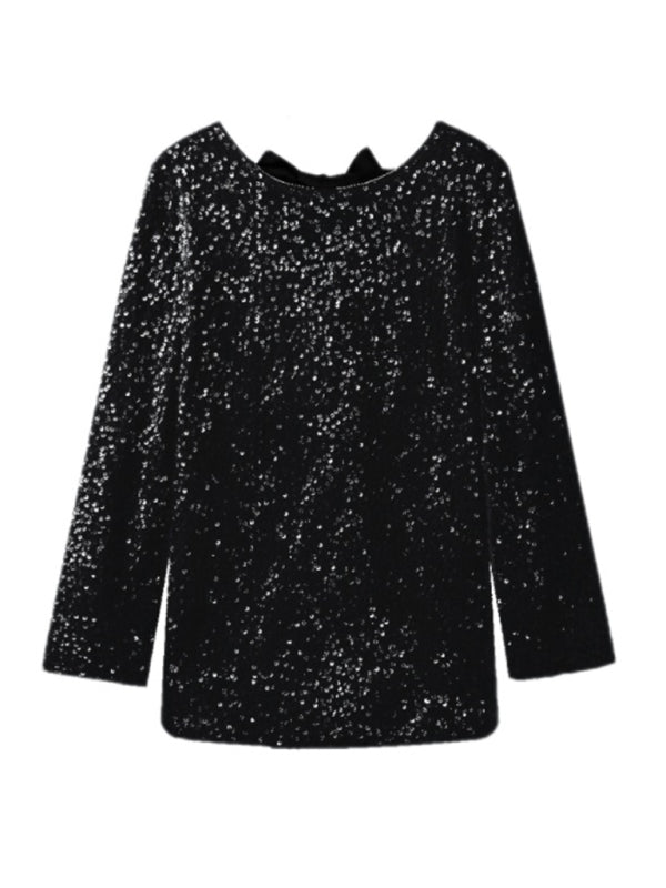 long-sleeved back bow sequined dress kakaclo