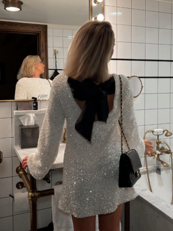 long-sleeved back bow sequined dress kakaclo