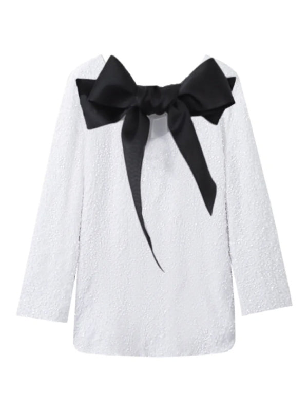 long-sleeved back bow sequined dress kakaclo