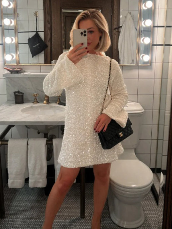 long-sleeved back bow sequined dress kakaclo