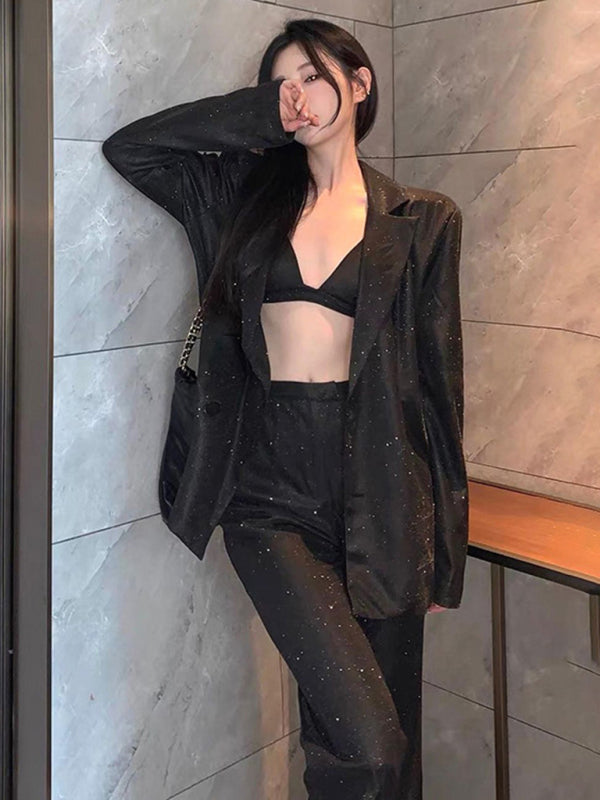 camisole, slim straight high-waisted pants, sequined jacket suit set (three-piece set) kakaclo