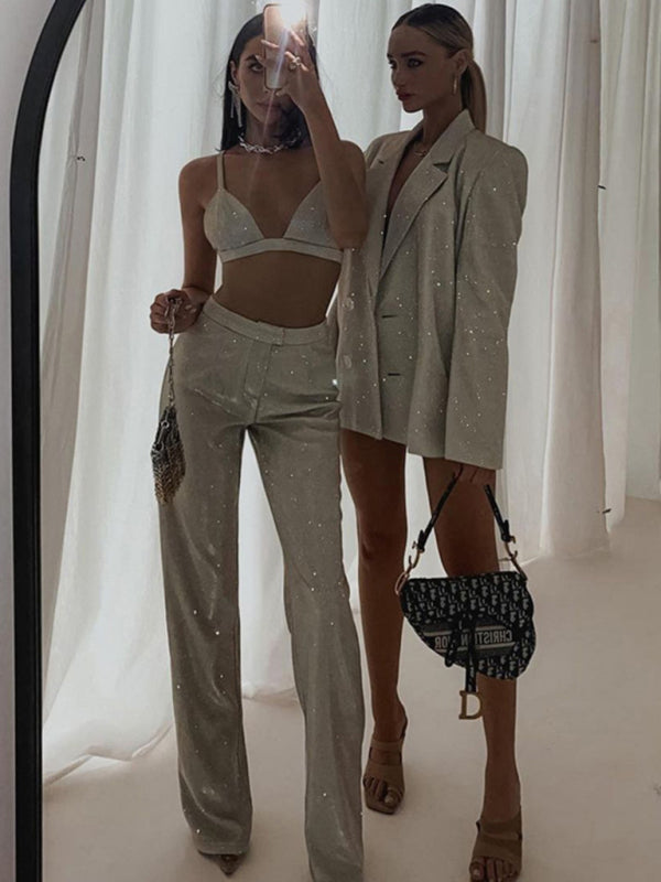 camisole, slim straight high-waisted pants, sequined jacket suit set (three-piece set) kakaclo