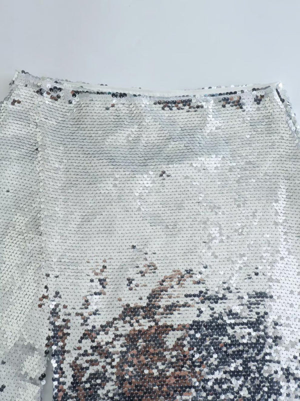 New fashion hot girl silver sequined high waist skirt with slits on both sides kakaclo