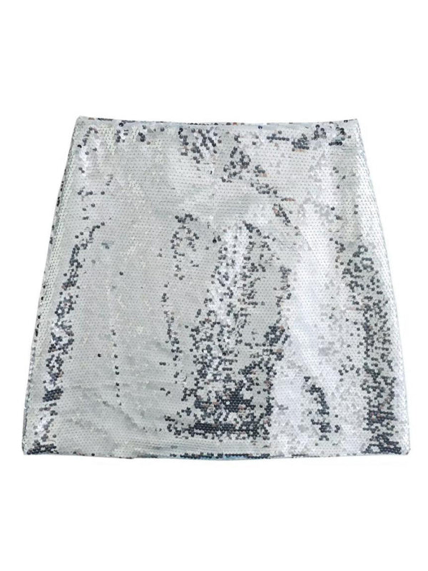 New fashion hot girl silver sequined high waist skirt with slits on both sides kakaclo