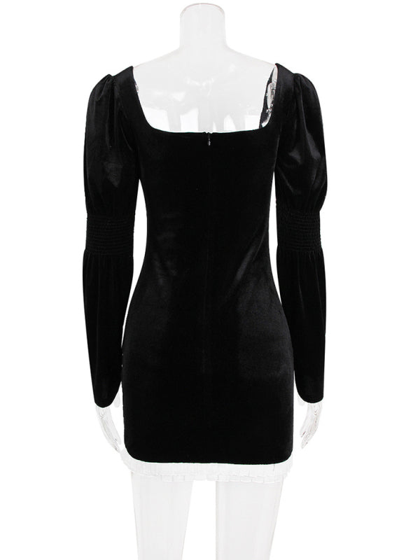 Long-sleeved square-neck gold velvet bodycon mini dress kakaclo